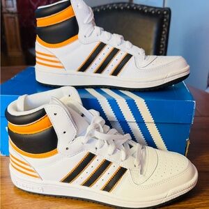Adidas Kids High-Top Sneakers - White, Black, and Orange